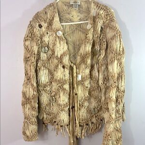 Unique boho Sandy Starkman neutral color, fringed, beaded, loose weave jacket, L